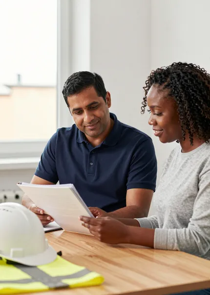 An assessor and a learner looking through a portfolio together in a training room