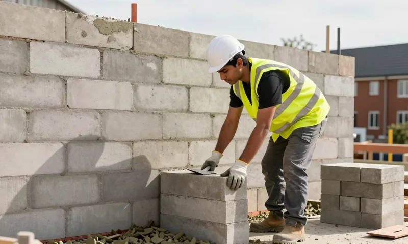 A bricklayer laying concrete blocks on a new wall