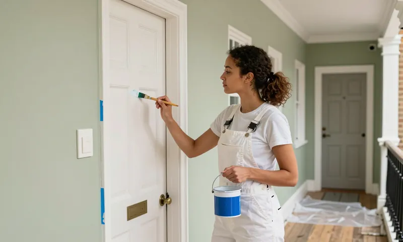 A decorator painting a door frame in the hallway of a terraced house