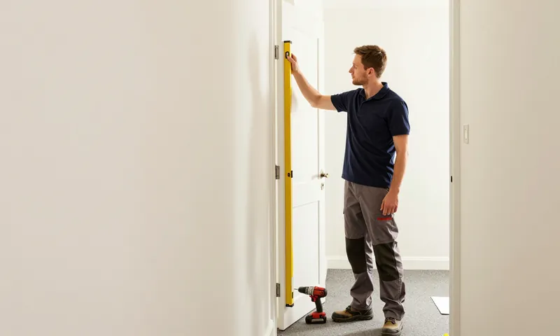 An installer checking a newly hung fire door with a spirit level