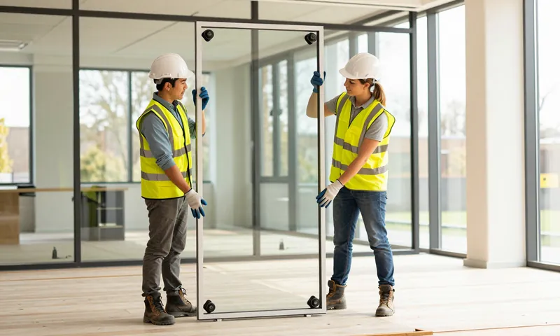 Two glaziers fitting a large glass pane into a window frame with suction lifters