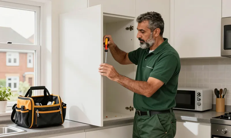 A maintenance operative repairing a kitchen cupboard hinge in a flat