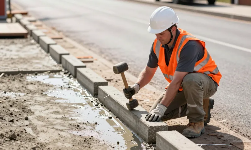 A groundworker laying concrete kerbs along a string line on a new road