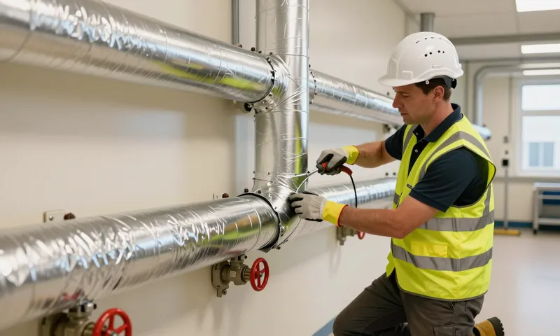 An insulation engineer fixing aluminium cladding over insulated pipework in a plant room