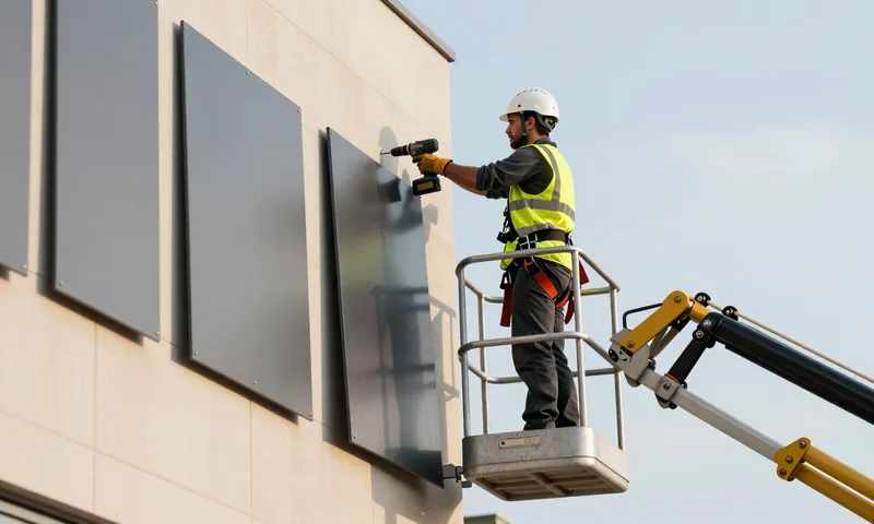 A cladding operative in a boom lift fixing metal panels to a new building