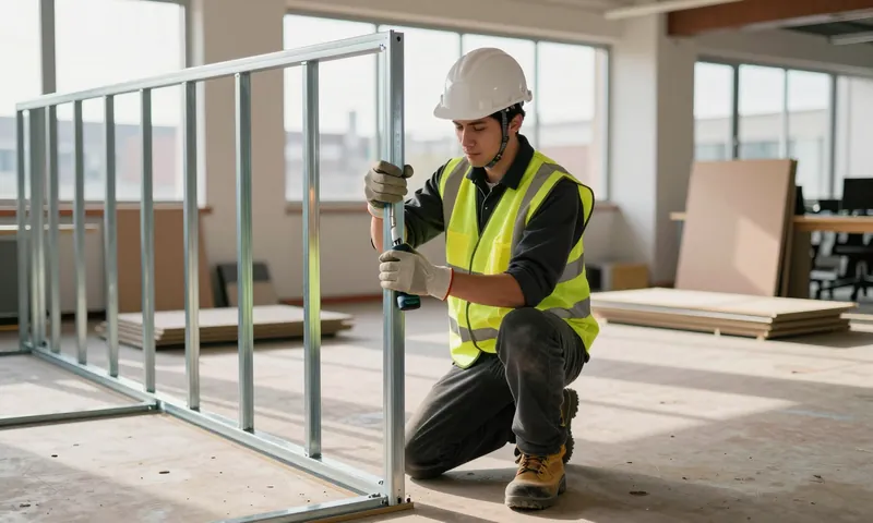 A drylining operative fixing metal studs for a new partition wall