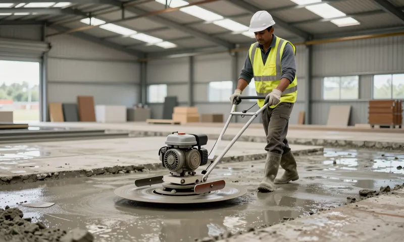 A concrete finisher power-floating a fresh warehouse floor slab