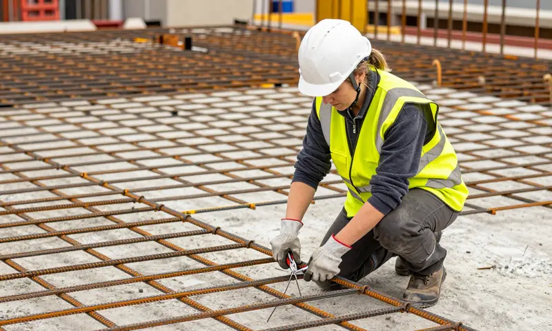 A steelfixer tying reinforcing bars with wire on a slab