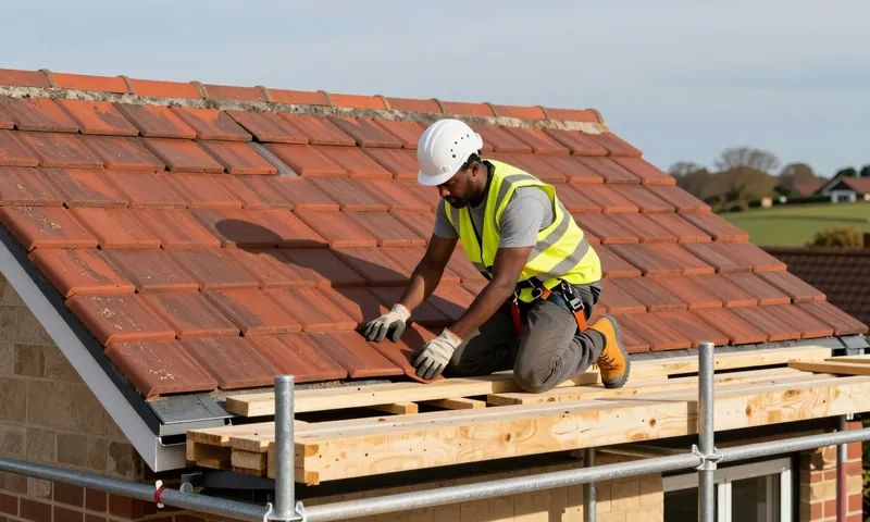 A roofer laying concrete tiles on the pitched roof of a new house