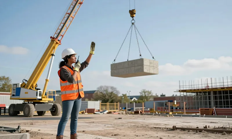 A slinger signaller with a radio signalling a crane lifting a precast stair, standing well clear