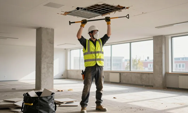 A demolition operative stripping out old ceilings in an empty office building