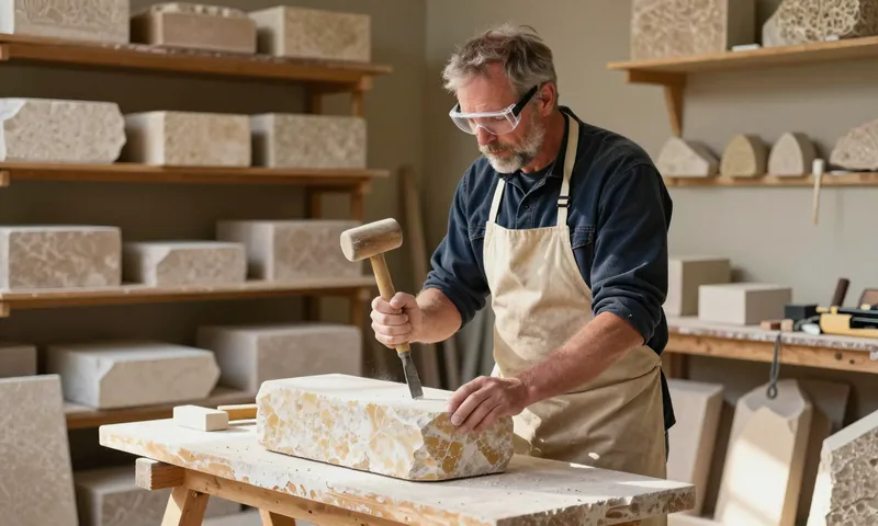 A stonemason dressing a block of Bath stone with a mallet and chisel