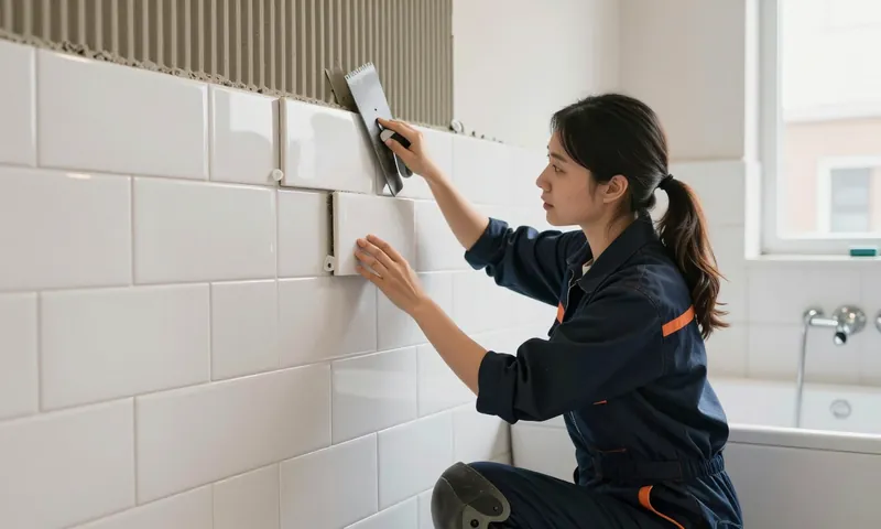 A tiler pressing white tiles into adhesive on a bathroom wall