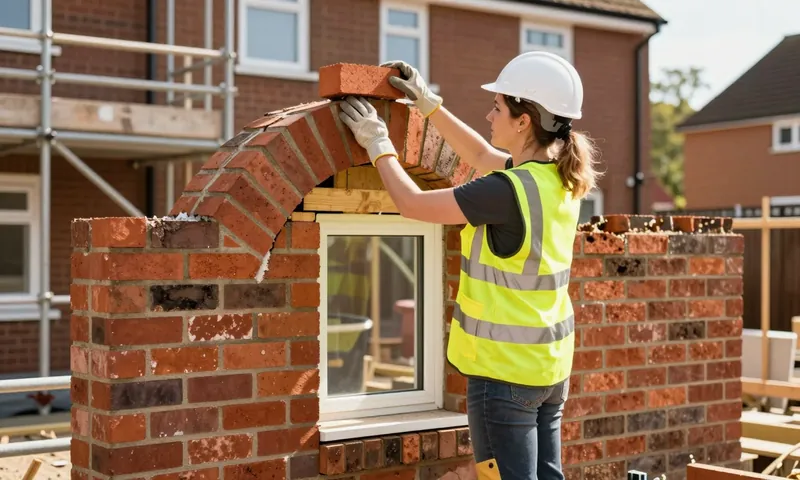 A bricklayer building a red brick arch over a window on a timber former