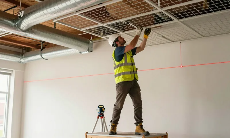 A ceiling fixer installing a suspended ceiling grid set out with a laser level