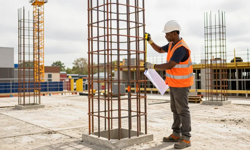 An experienced steelfixer checking the bar spacing of a column cage against a drawing