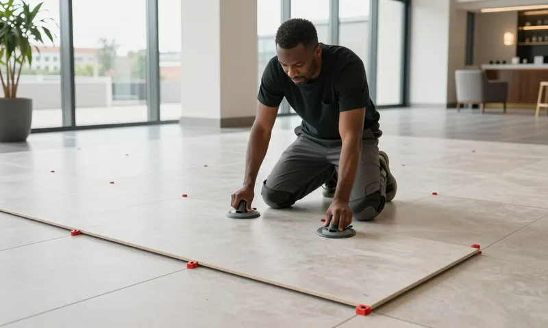 A floor tiler laying large porcelain tiles in a hotel lobby