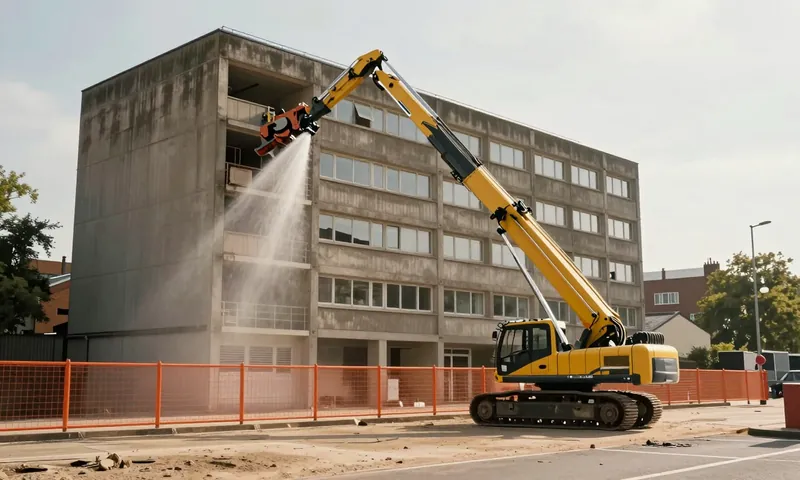 A long reach excavator taking down a concrete building behind an exclusion zone
