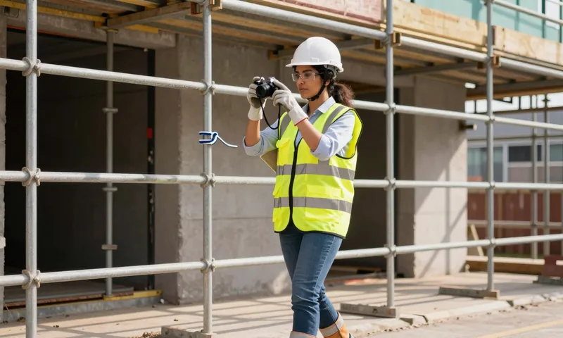 A trainee health and safety officer photographing a scaffold during a site inspection