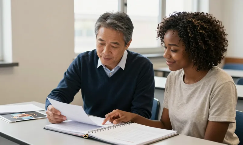 An assessor going through a learner's portfolio of work at a desk