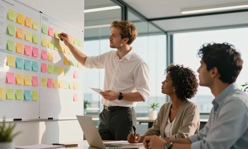 A project manager leading a planning session at a wall of sticky notes