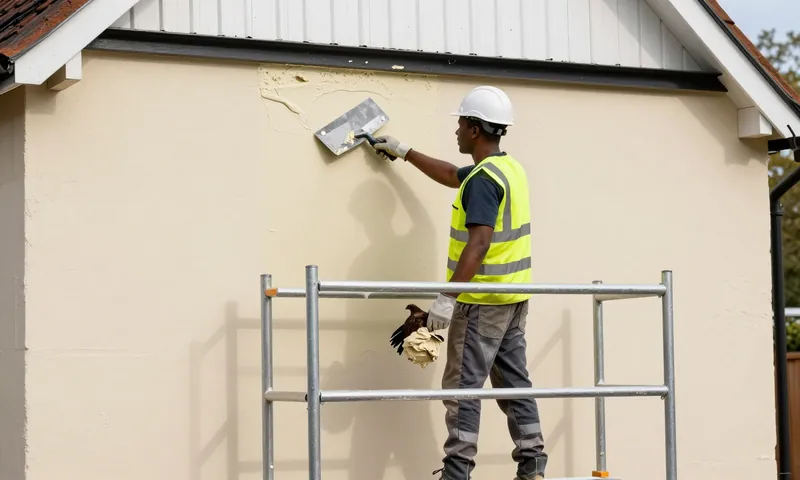 A plasterer rendering the outside wall of a house from a scaffold