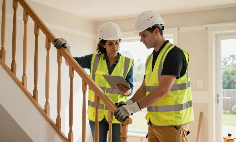 An NVQ assessor with a tablet observing a joiner fitting a stair handrail on site