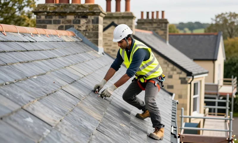 A roofer fixing natural slates on the steep roof of a Victorian house