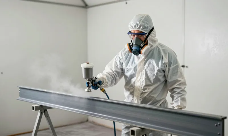 An industrial painter spraying a steel beam in a paint booth