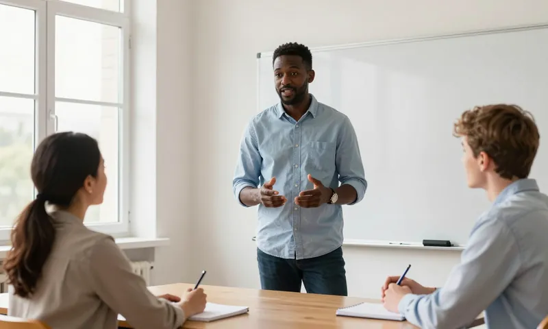 A teacher leading a lesson for two adult learners in a classroom
