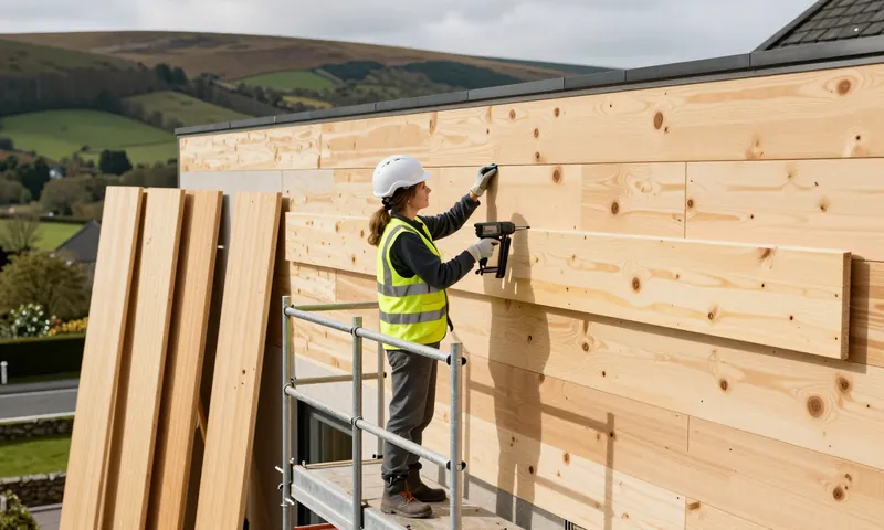 A cladding fixer fixing larch timber boards to a house from a scaffold
