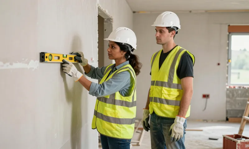 A trade supervisor checking a new plasterboard wall with a level as an operative watches