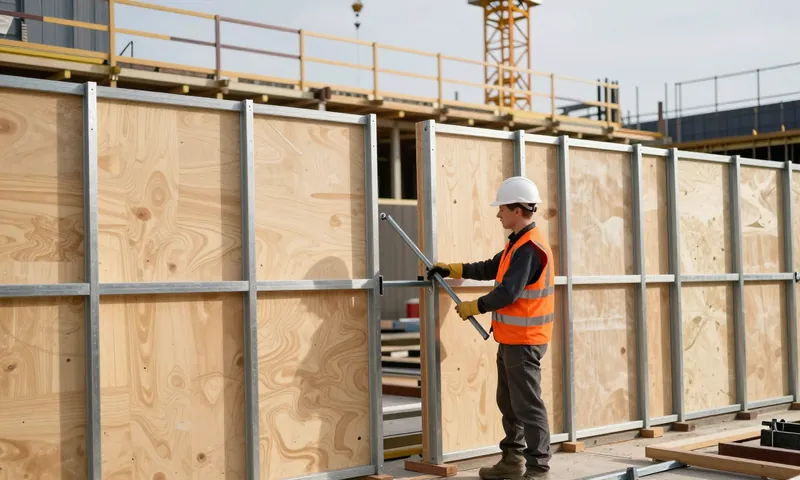 A formworker adjusting the props of system formwork for a concrete wall