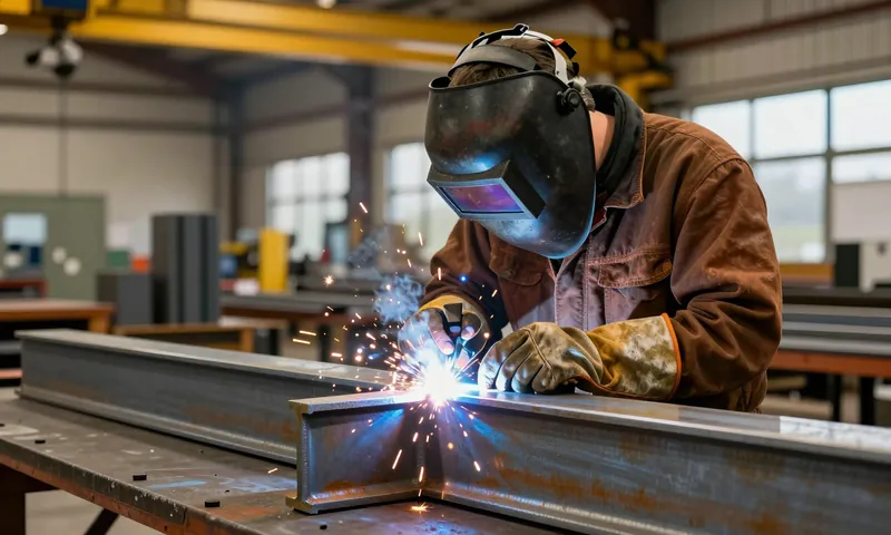 A steel fabricator welding a plate onto a steel beam in a fabrication workshop