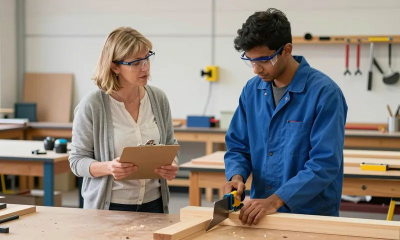 An assessor with a clipboard questioning a learner at a joinery workbench