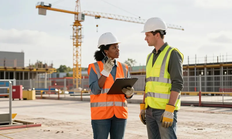 A lift supervisor with a radio and clipboard briefing a slinger, a tower crane behind them