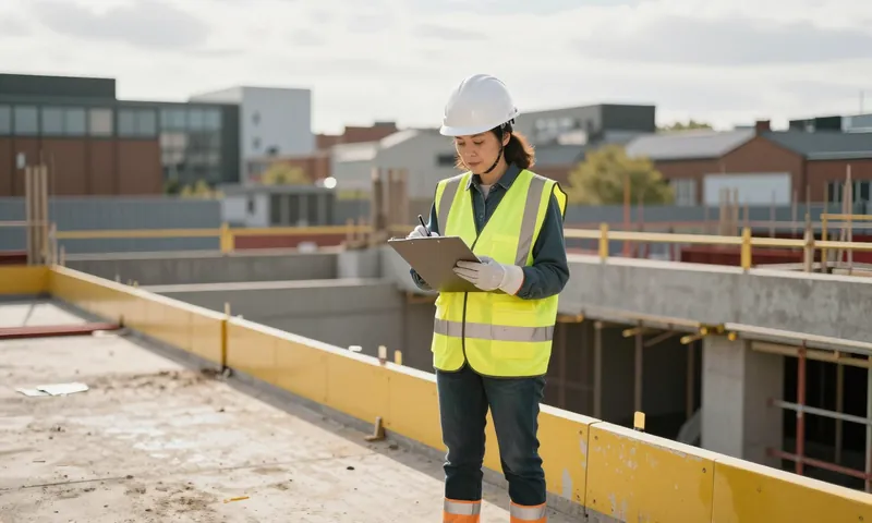 A health and safety adviser inspecting edge protection on a building site with a clipboard