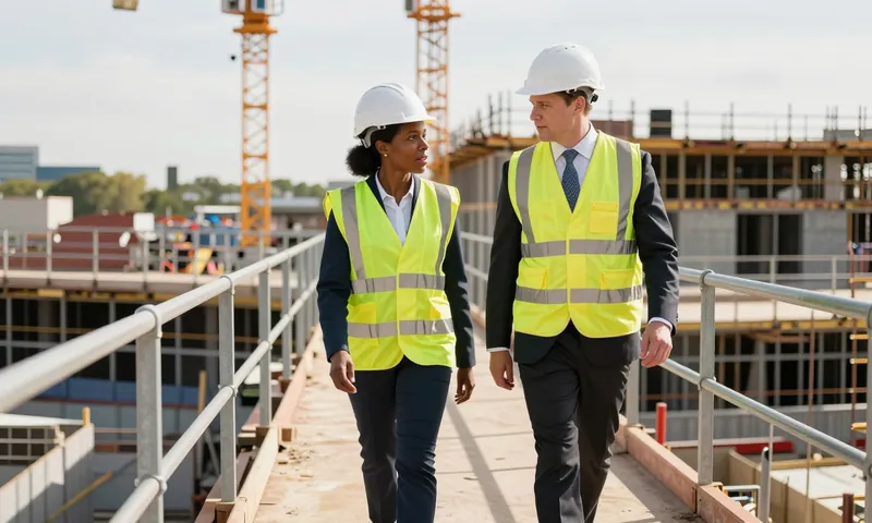 Two company directors in hard hats walking a large site on a safety tour