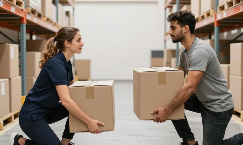 A trainer showing a learner how to lift a box safely, knees bent and back straight