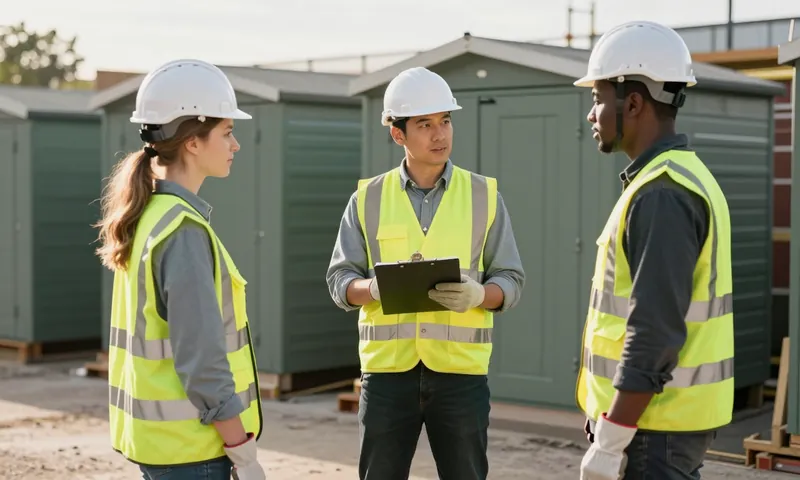 A site supervisor giving a toolbox talk to two operatives by the site cabins