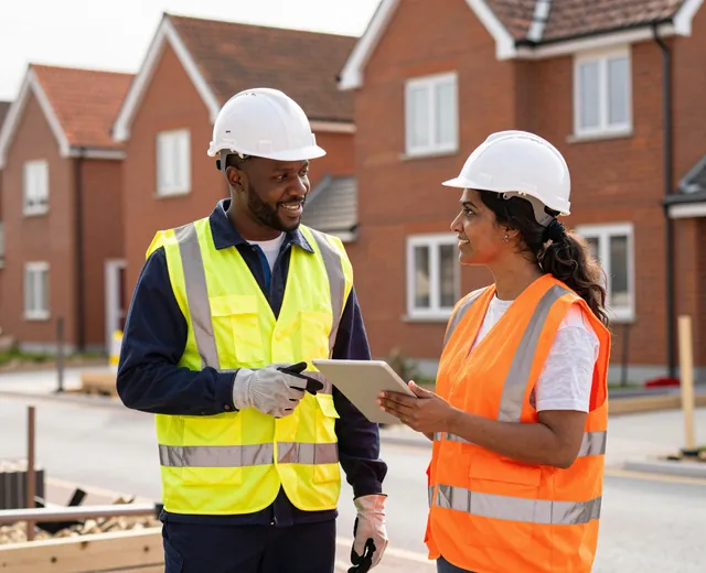 A construction worker and an assessor in hard hats and hi-vis talking on a sunny housing site