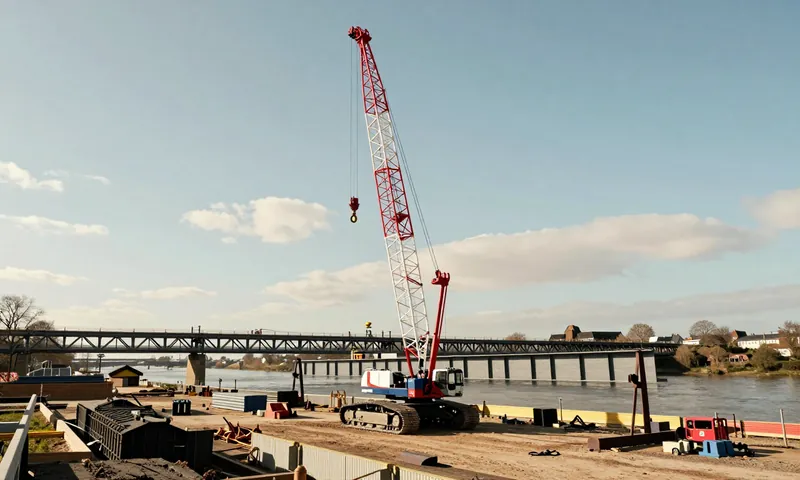 A crawler crane with a red and white lattice boom on a riverside construction site
