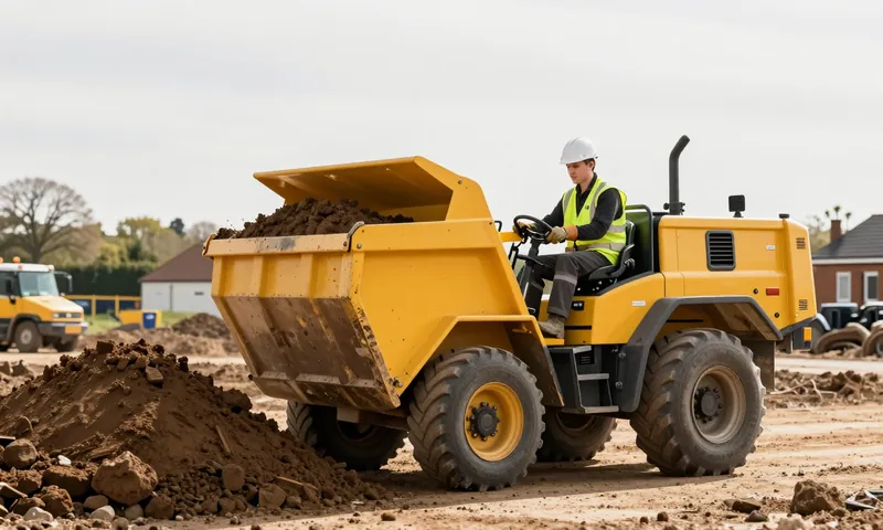 A forward tipping dumper tipping soil on a housing site
