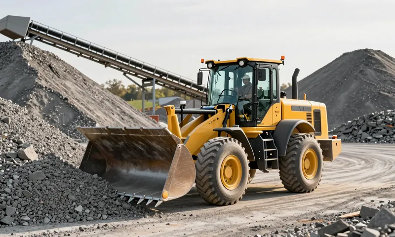 A loading shovel scooping gravel from a stockpile