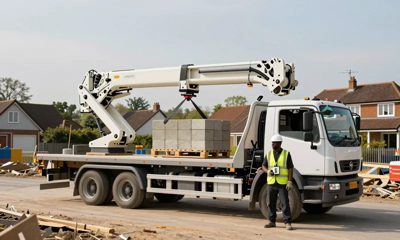 A lorry with a loader crane and a pallet of blocks, the operator standing clear with a remote control