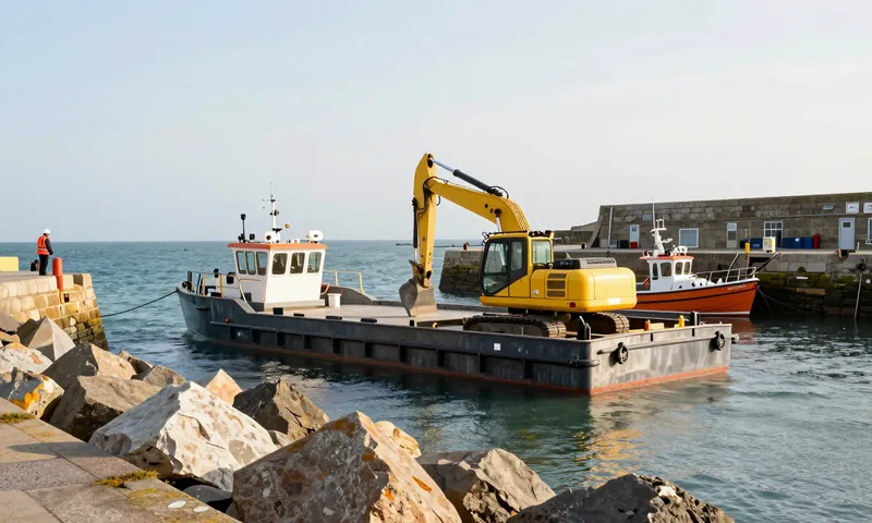 A crane barge placing rock armour along a harbour wall