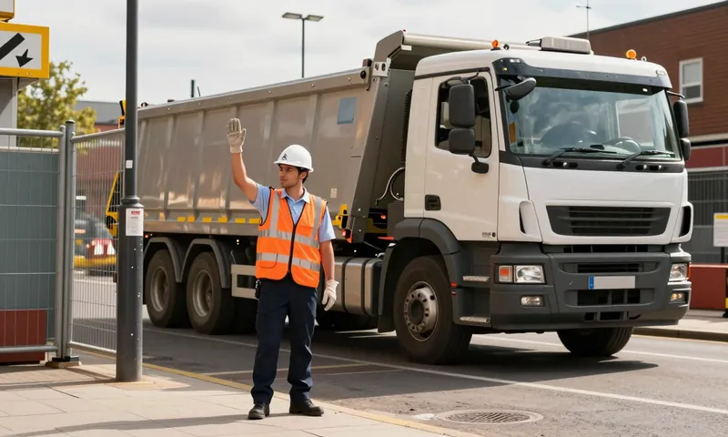 A traffic marshal standing clear and signalling a reversing tipper lorry into a site