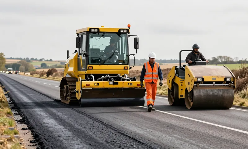 An asphalt paver laying a fresh strip of road with a roller following and its crew beside it