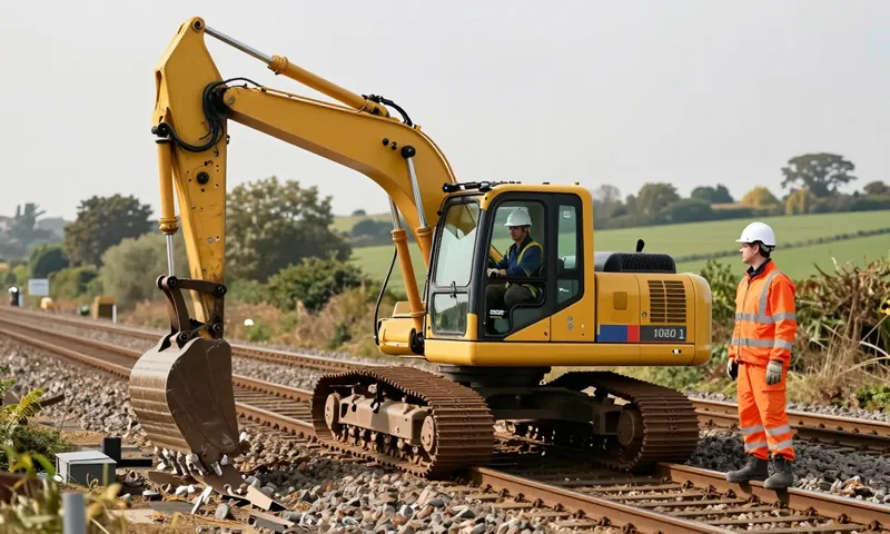 A road-rail excavator with its rail wheels down on a closed railway line, a lookout standing clear