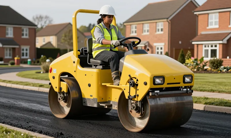 A twin drum ride-on roller compacting a new tarmac footpath